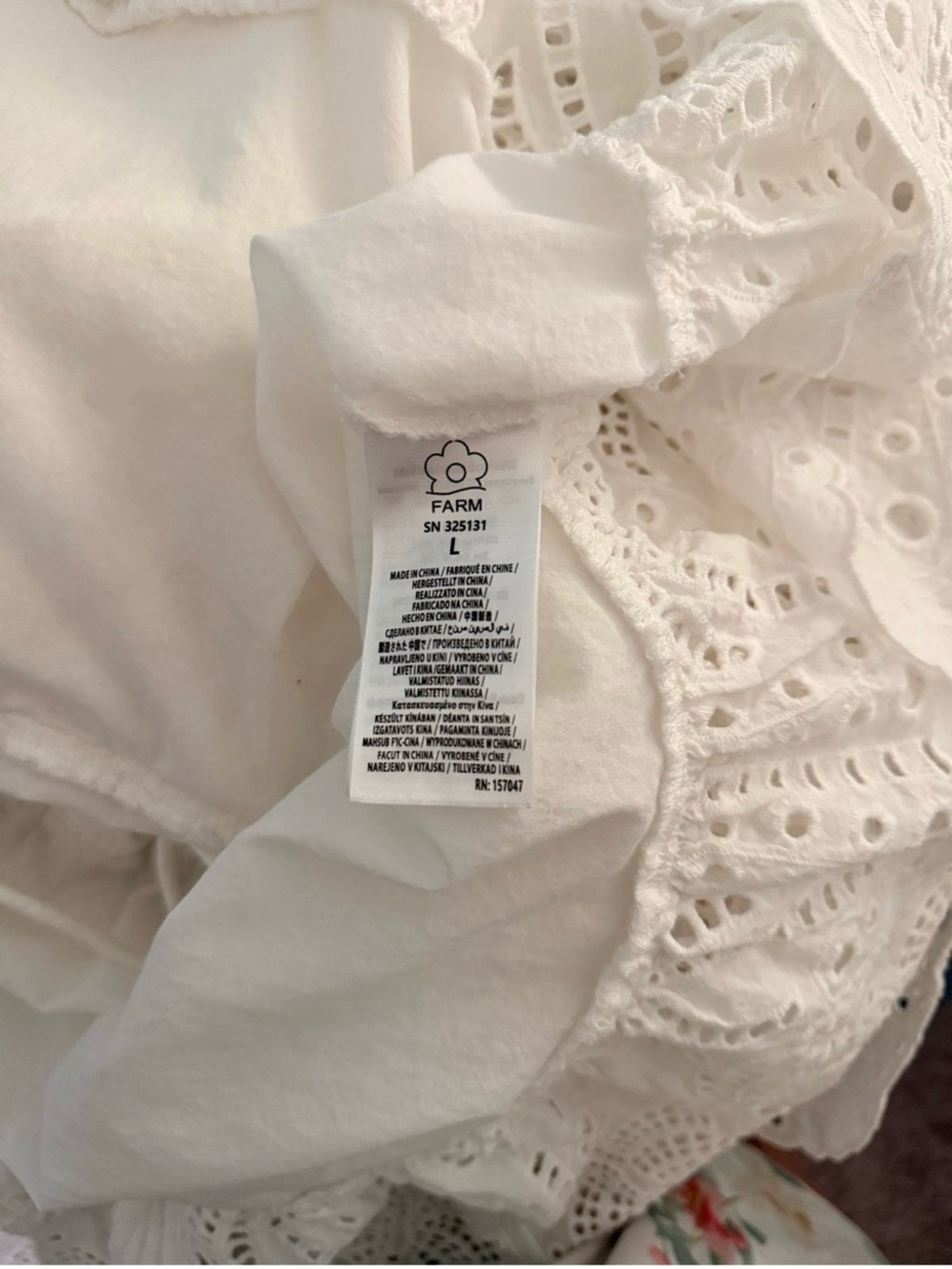 Farm Rio White Eyelet Puff Sleeve Tiered Cotton Midi Dress Sz-L - Picture 6 of 7